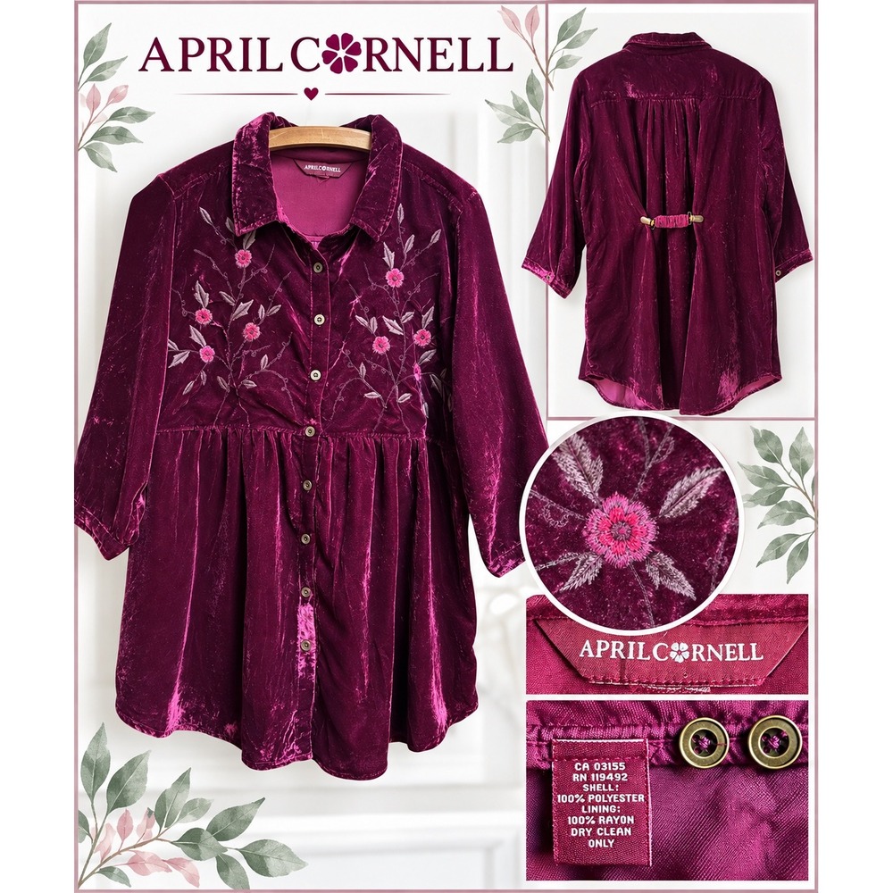 April Cornell Womens XL Velvet Embroidered Tunic Top Plum Purple Babydoll Blouse